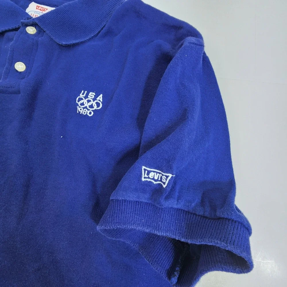 Vintage 1980 Levis Olympic Games Blue Polo Shirt Made in USA Size Large Single S